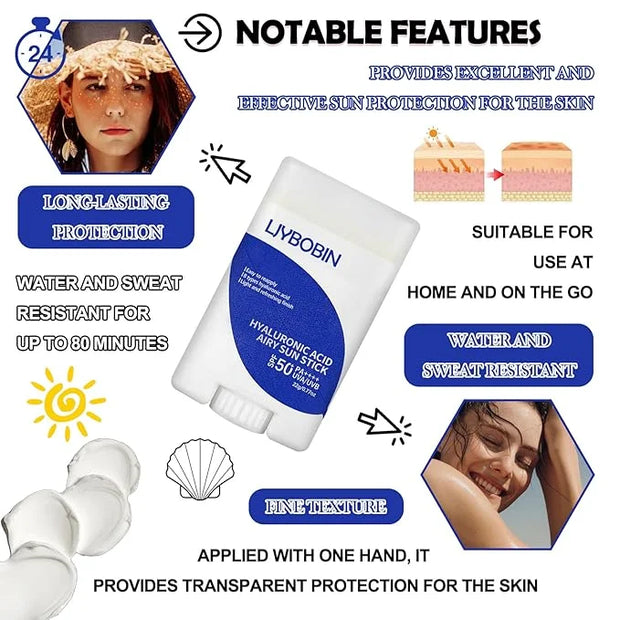 Hyaluronic Acid Moisturizing Sun Stick,SPF 50+ PA++++,Mineral Sunscreen Stick for Face,Beach Defense Sunscreen Stick,Trave...