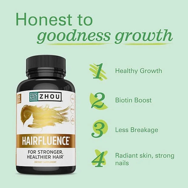 Zhou Hairfluence - Vegan Biotin Supplement for Hair Growth for Men & Women, Supports Stronger, Healthier Hair, Nails, & Gl...