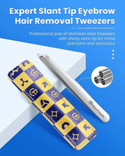 Expert Slant Tip Tweezers with Leather Case, GlamTweeler Sharp & Precision Stainless Steel Tweezer for Eyebrows, Facial Ha...