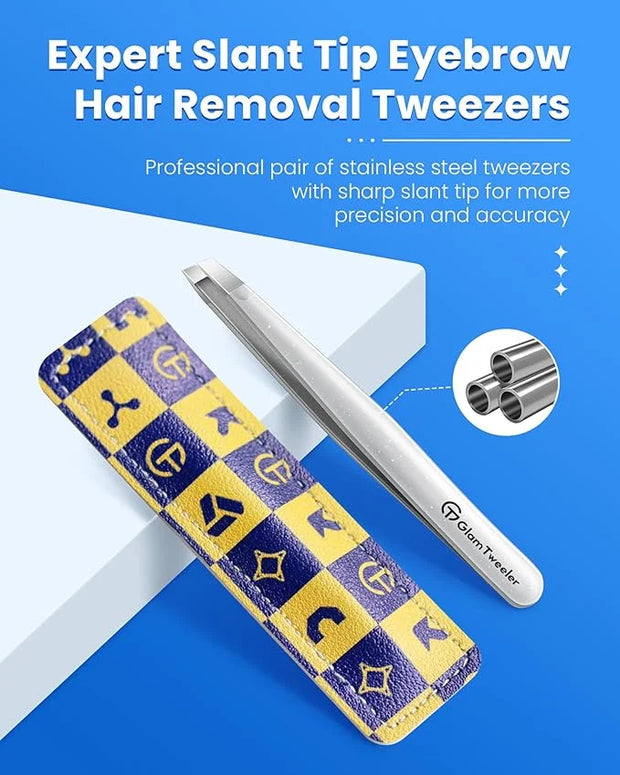 Expert Slant Tip Tweezers with Leather Case, GlamTweeler Sharp & Precision Stainless Steel Tweezer for Eyebrows, Facial Ha...