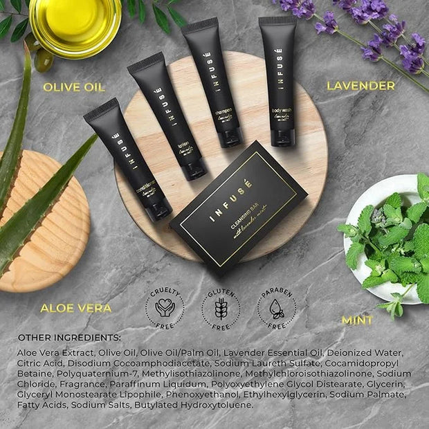 Infuse Black Amenity Kit | Hotel Bulk Toiletries | 1 oz Shampoo, Conditioner, Lotion, Body Wash, Cleansing Bar Soap for Gu...