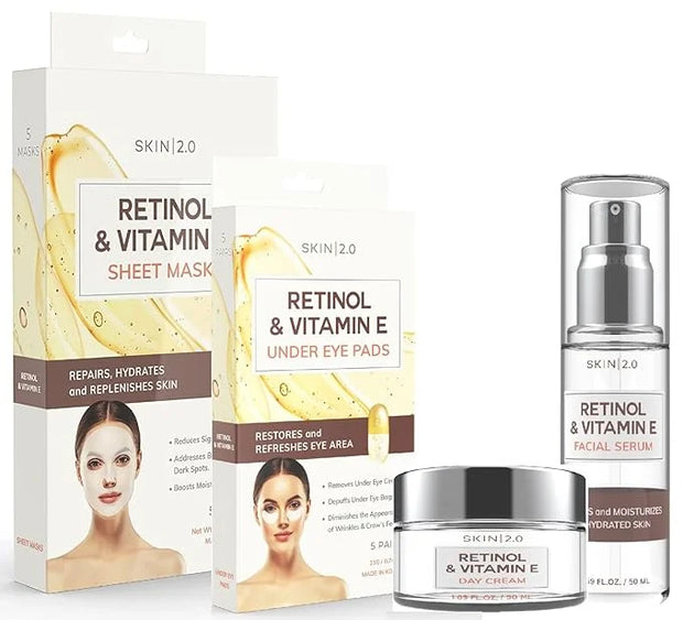 Retinol and Vitamin E Beauty Value Set - Serum, Moisturizer, Under Eye Pads & Face Sheet Masks - Product Image