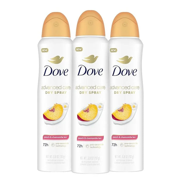 Dove Advanced Care Antiperspirant Deodorant Dry Spray Peach & Chamomile Tea 3ct underarm care boosts skin's ceramide level...