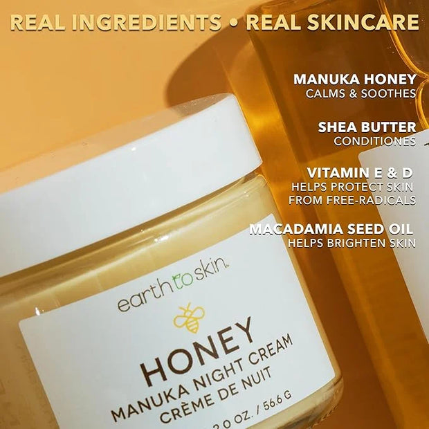 Earth To Skin Honey Manuka Calming Night Cream – Nourishing Moisturizer with Shea Butter, Macadamia Oil & Glycerin – 2.0 f...
