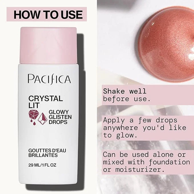 Pacifica Crystal Lit Glowy Glisten Drops – Face Makeup - Shimmery Multi-Use Liquid Blush/Highlighter for Radiant, Dewy Che...