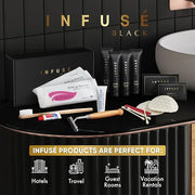 Infuse Black | Amenity & Accessory Kit | 1 oz Travel Size Shampoo, Conditioner, Lotion, Body Wash, Body Bar, 2 Cleansing B...