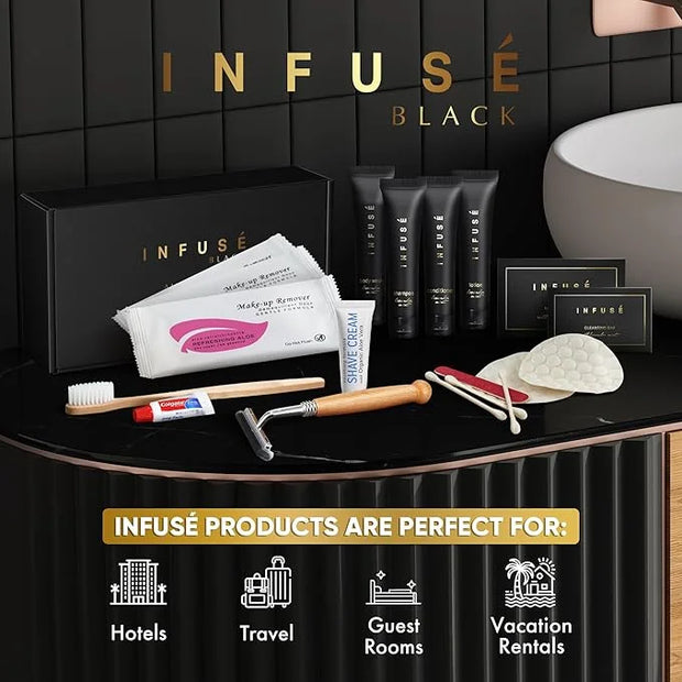 Infuse Black | Amenity & Accessory Kit | 1 oz Travel Size Shampoo, Conditioner, Lotion, Body Wash, Body Bar, 2 Cleansing B...