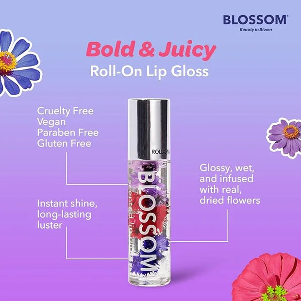 Blossom Roll on Lip Gloss, Scented Clear High Shine Moisturizing Lip Oil, Non Sticky, Infused with Real Flowers, Made in U...
