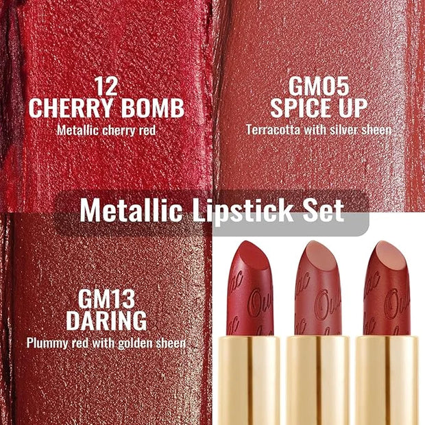 Oulac Metallic Red Lipstick Set 3PCS High Impact Lipcolor with Moisturizing Formula, Vegan Beauty, Full-Coverage Lip Color...