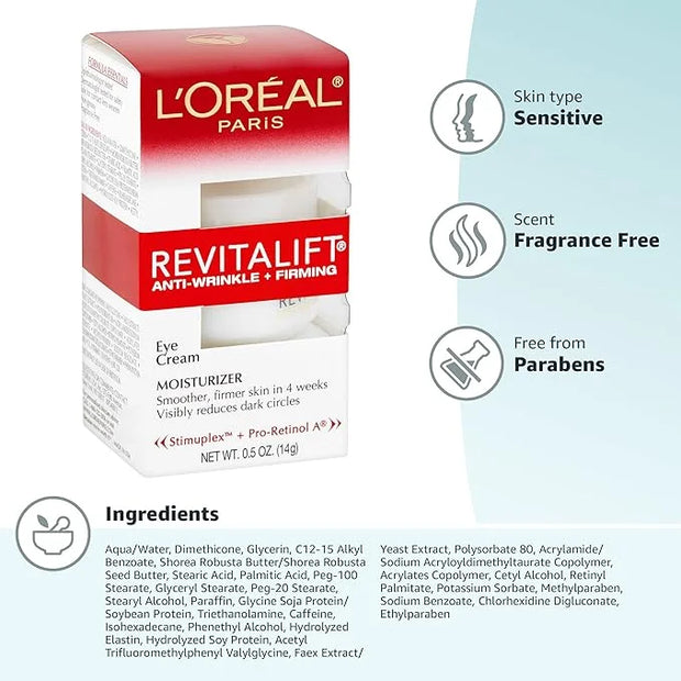L'Oreal Paris Skincare Revitalift Anti-Wrinkle and Firming Eye Cream with Pro Retinol, Treatment to Reduce Dark Circles, F...