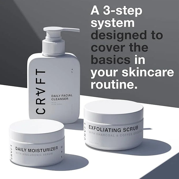 CRVFT Men’s Facial Care Kit | Aloe Vera Face Wash 3oz | Hyaluronic Moisturizer 1oz | Charcoal Exfoliating Scrub 1.7oz | 3 ...