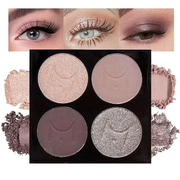 4 Colors Eyeshadow Makeup Palette,Champagne Nude Pink Dark Brown Highly Pigmented Natural Neutral Eye Shadow Palette with ...