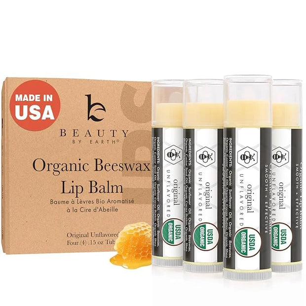 USDA Organic Lip Balm - USA Made with Natural Ingredients, 4 Pack Unflavored Chapstick for Dry Lips, Birthday Gifts for He...