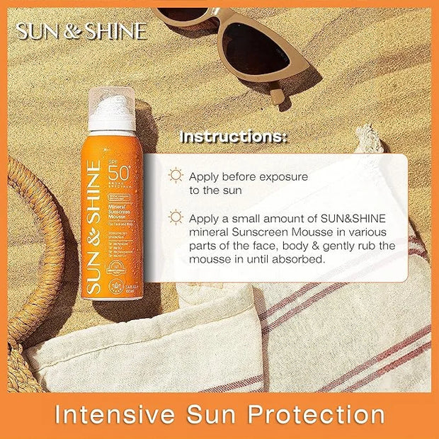 SUN & SHINE MINERAL SUNSCREEN MOUSSE: 100% mineral zinc oxide SPF50 Broad Spectrum UVA UVB, Face Body Protection, Sunburn ...