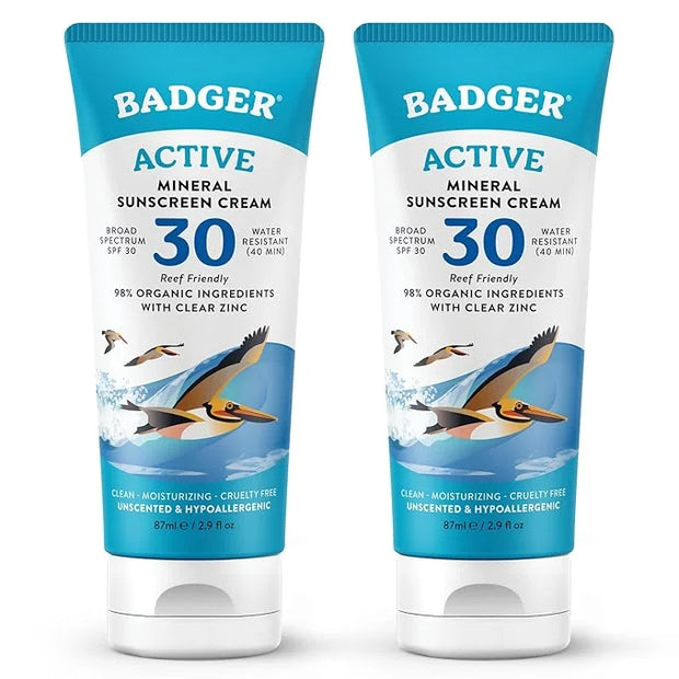 Badger Mineral Sunscreen Cream SPF 30, Zinc Oxide Sun Care, 98% Organic, Reef Safe, Water Resistant, Unscented Face and Bo...