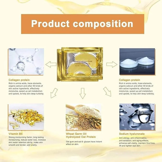 Gold Bio Collagen Crystal Mask Set - 5 Pairs Gold Eye Mask and 5 Pcs Gold Lip Mask, Anti Aging Eye and Lip Mask, - Product...