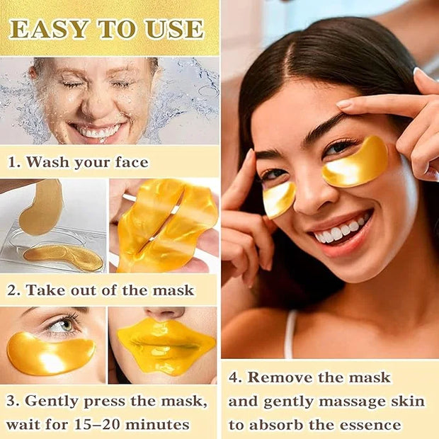 30 Pairs Lip Masks & Eye Masks, 24K Gold Gel Crystal Collagen Eye Patches for Puffy Eyes, Effectively Moisturizing & Reduc...