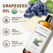 Organic Grapeseed Oil 16Oz: 100% Pure&Natural ColdPressed Carrier Oil USDA Certified Grape Seed Extract HexaneFree Unscent...