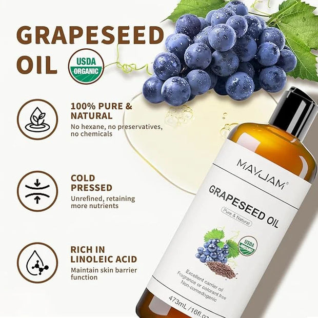Organic Grapeseed Oil 16Oz: 100% Pure&Natural ColdPressed Carrier Oil USDA Certified Grape Seed Extract HexaneFree Unscent...