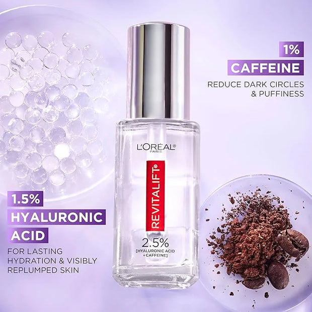 L'Oreal Paris Revitalift Hyaluronic Acid + Caffeine Hydrating Eye Serum for Dark Circles, Fragrance Free .67 fl. oz + Mois...