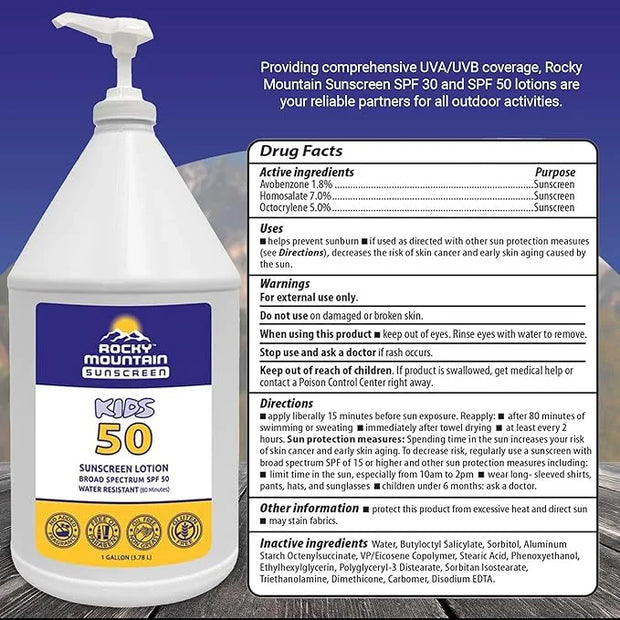 KIDS Rocky Mountain Sunscreen SPF 50 Gallon Sunscreen Lotion | Broad Spectrum UVA/UVB Protection | Hawaii 104 Reef Act Com...