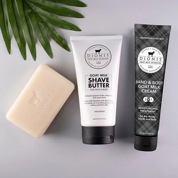 Dionis Goat Milk Skincare 4 Piece Goat Milk Travel Set for Men - Hydrating Bar Soap, Shave Butter, Hand & Body Cream - Ced...