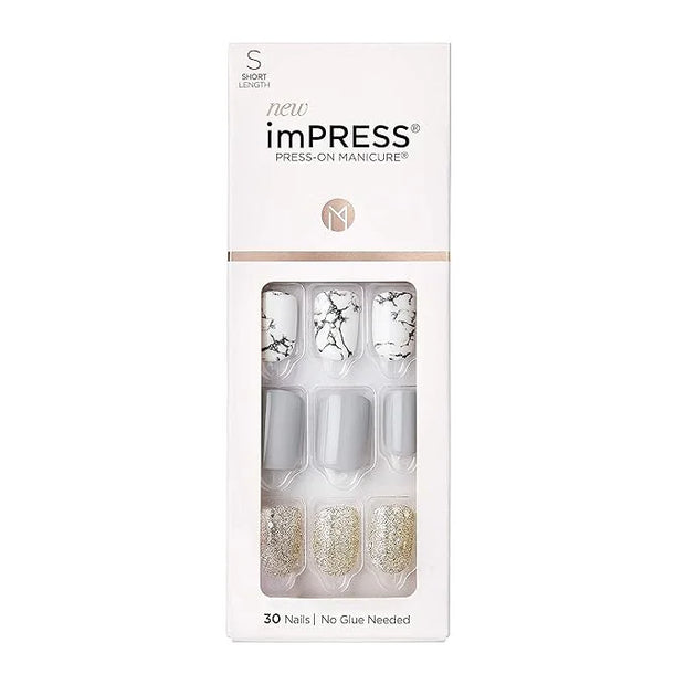 imPRESS Design, Press On Nails, Knock Out, Gray, Short, Size, Squoval, Shape, Includes 30 Nails, Prep Pad, Instructions Sh...