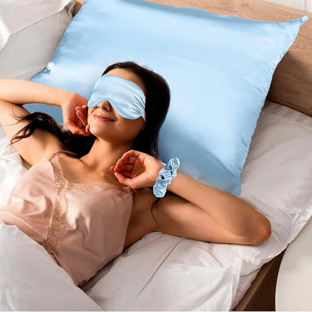 2 Pack Satin Pillowcase with Latent Zipper, Adjustable Satin Eye Mask for Sleeping and Satin Volume Scrunchie for Hair and...