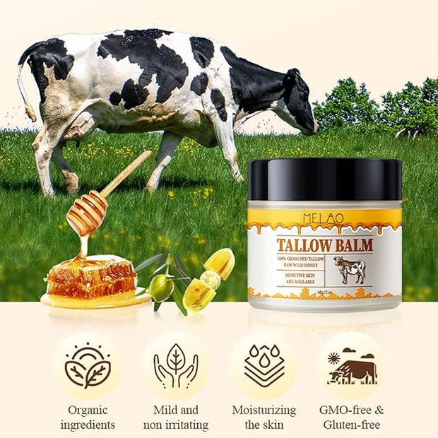 Whipped Beef Tallow and Honey Balm, Grass Fed Grass Finished Face Cream for All Skin Types - Grass-Fed Beef Tallow & Raw W...