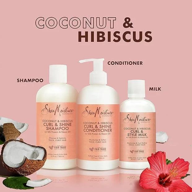 SheaMoisture Moisturize and Define Shampoo, Conditioner and Styling Milk for Curly Hair Care Coconut and Hibiscus with She...