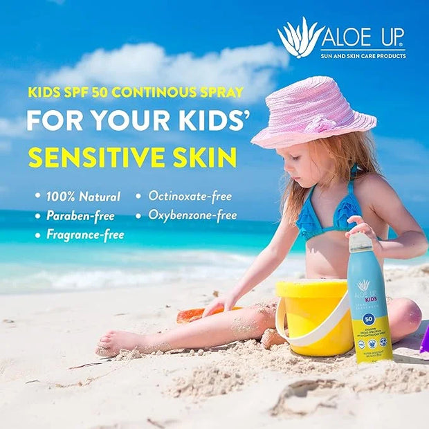 Aloe Up Kids Continuous Sport Sunscreen Spray SPF 50 - Broad Spectrum Sheer Face and Body Sunscreen Protector for Sensitiv...