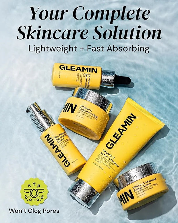 Gleamin Brightening Skincare Bundle – Mask, Serum, Cleanser, Moisturizer & Oil for Dark Spots, Uneven Tone, and Glowing Sk...