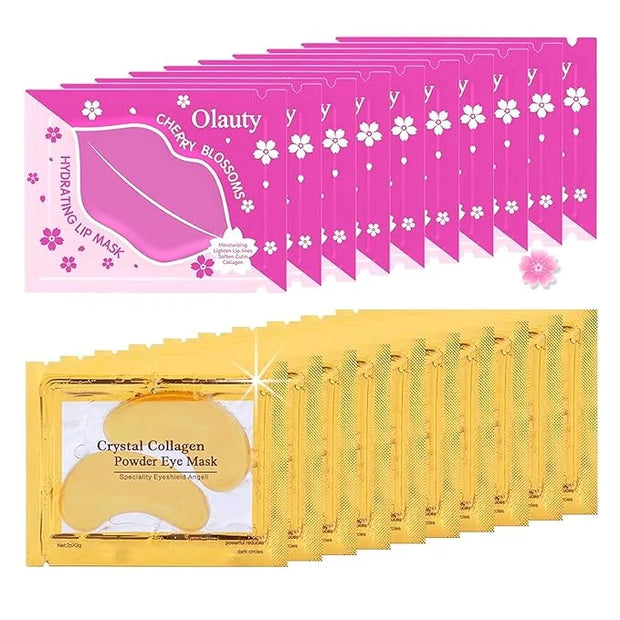 20 Pairs Lip Masks & Eye Masks, 24K Gold Gel Crystal Collagen Eye Pads, Moisturizing Lip Mask Crystal Pads, Under Eye Patc...
