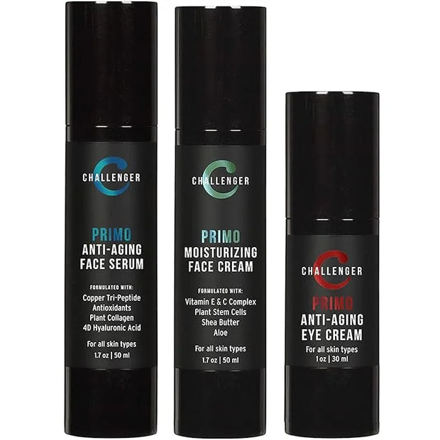 Challenger Men's Primo Anti-Aging Trio - Face Serum, Moisturizer, & Eye Cream - Plant Stem Cells, Matrixyl 300, Vitamin C,...