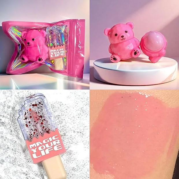 Bear Moisturizing Lip Balm & Lip Gloss Set - Oil Infused, Long-Lasting Lipstick & Gloss for Smooth Lips hydrating lip glow...