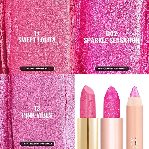 Oulac 3PCS Pink Lipstick Set | Metallic Lipstick, Moisturizing Lipstick, Lip Liner Stick | Smooth & Vegan | Ideal for Make...