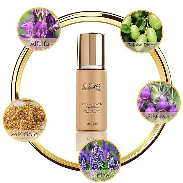 GLO24K Rejuvenating 24k Eye Cream and Serum With 24k Gold, Hyaluronic Acid, Vitamins A,C,E - Product Image
