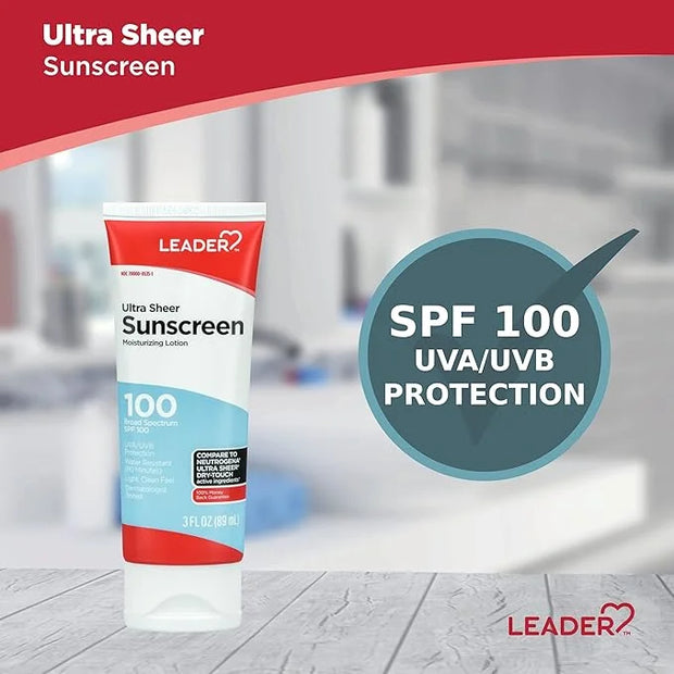 Leader Travel Sunscreen SPF 100+, Ultra Sheer Dry-Touch Water Resistant and Non-Greasy Lotion with Broad Spectrum SPF 100+...