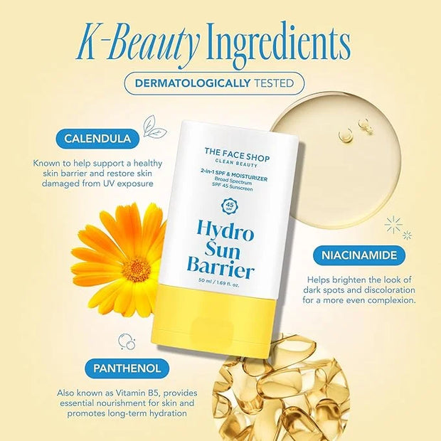 THE FACE SHOP Hydro Sun Barrier 2-in-1 Sunscreen & Moisturizer, Broad Spectrum SPF 45, Korean Sunscreen Skin care, Daily H...