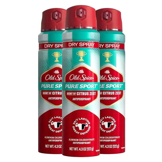 Old Spice Men's Antiperspirant & Deodorant Invisible Dry Spray Pure Sport Plus 24/7 Odor Protection, 4.3oz (Pack of 3) - P...