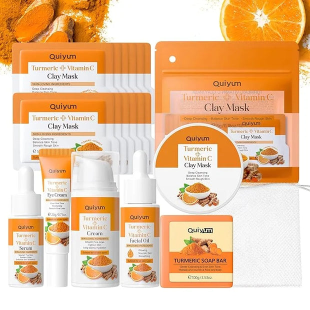 Skin Care Set, Turmeric Vitamin C Beauty Gift Sets, Skincare Kit with Serum, Eye Cream, Cream, 2 Type Mud Mask, Soap, Faci...