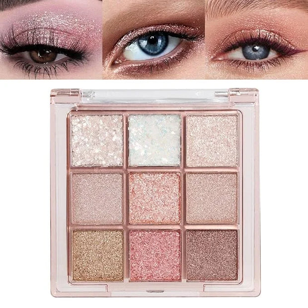 9 Colors Glitter Eyeshadow Palette Naturing-Looking Women Girls Eye Shadow,Pink White Gold Glitter Shimmer Sparkly Eye Sha...