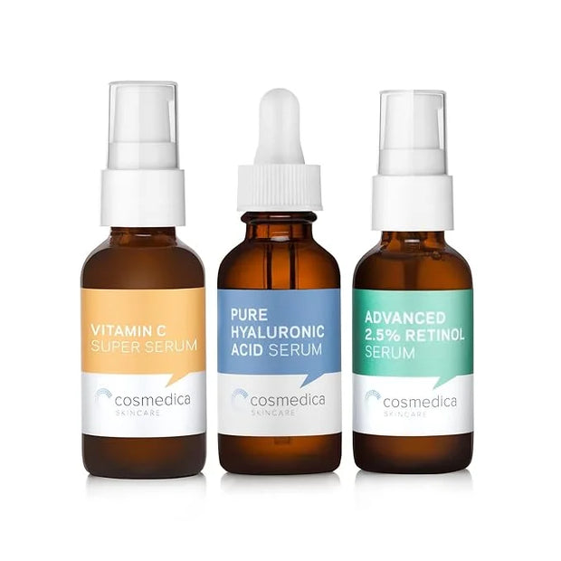 Cosmedica Skincare Facial Serum Trio Set Value for Clear Skin + 2 Microneedling Rollers - Product Image