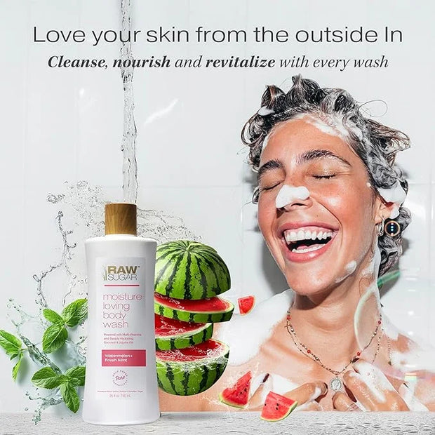 RAW SUGAR Moisture Loving Body Wash - Watermelon + Fresh Mint, Moisturizing & Refreshing Bath & Shower Gel, Sulfate-Free, ...