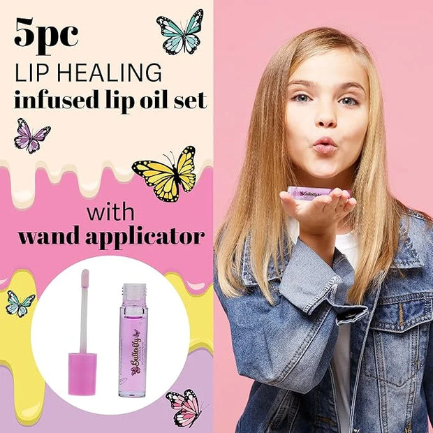 5pc Lip Oil Set - Butterfly Kisses Lip Oils, Lip Healing Lip Oil Collection with Precision Applicator Wand for Everyday Li...