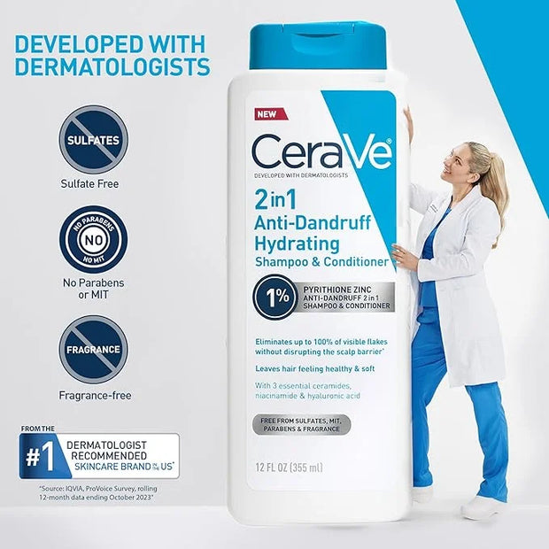 CeraVe 2 In 1 Hydrating Anti Dandruff Shampoo And Conditioner, 1% Pyrithione Zinc Dandruff Treatment, Color Safe & Sulfate...