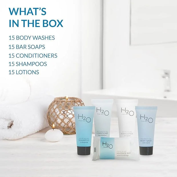 H2O Therapy Hotel Soaps & Toiletries Bulk Set | 1-Shoppe Amenities Kit | 0.85oz Shampoo & Conditioner, Body Wash, Lotion, ...
