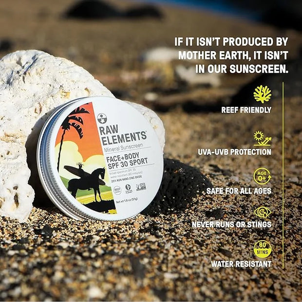 Raw Elements Mike Fields Face & Body Organic Sunscreen Tin SPF 30 - Non-Nano Zinc Oxide, Water-Resistant 80 Min, Reef Safe...