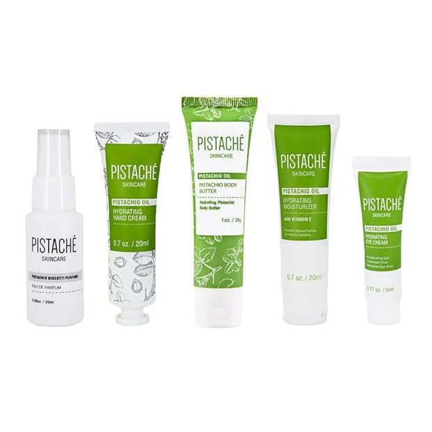 Pistaché Skincare Pistachio Oil 5-Pc Mini Collection (Travel) + Body Butter, Hand Cream, Biscotti Perfume, Eye Cream & Fac...