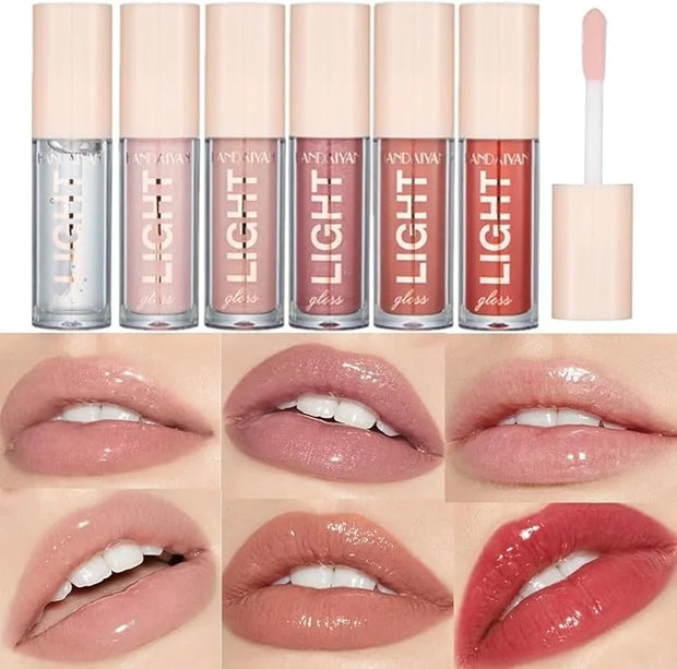 6PCS Lip Oil Light Lipgloss Set, Moisturizing Hydrating Lip Glow Oil Lip Gloss Kit High Shine Lip Plumping Glass Finish Li...